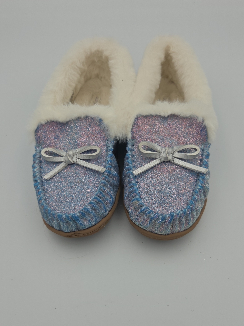 J. Crew Iridescent Blue Glitter Fur-Lined Moccasin Slippers Girl's Size 1